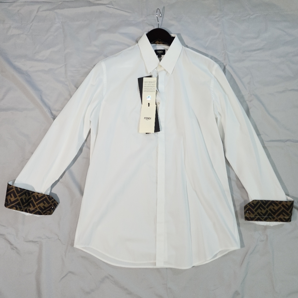 New Fendi FS0703 AAPD FF LOGO CUFF AND INSIDE COLLAR Shirt - White Size 41